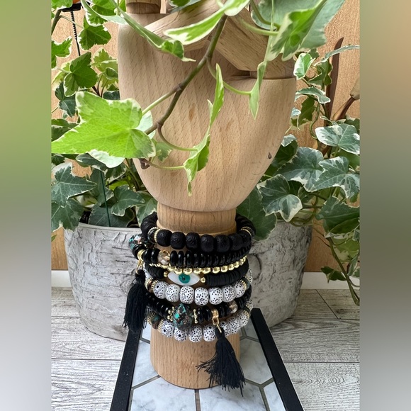 Stylish Boho Chic Gold & Black Stacked Bracelets -Trendy Mixed Style Bracelets - Picture 13 of 17